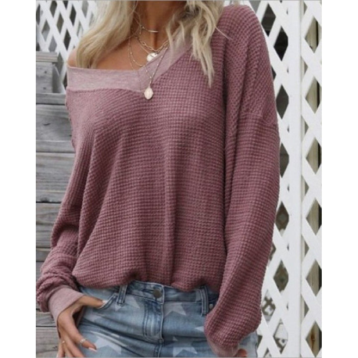 Women Loose Waffle Knit Sweater with Wide Off-Shoulder Neckline and Oversized Cut Mune Fashion