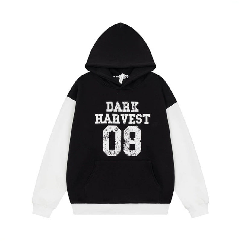 Women's College Style Hoodie Sweatshirt with Contrast Sleeves, Kangaroo Pocket and Vintage Print Mune Fashion