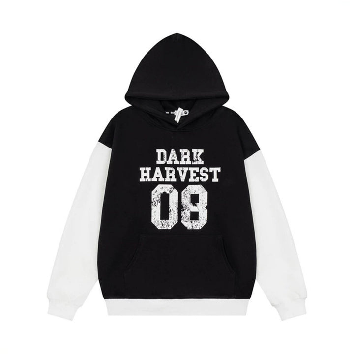 Women's College Style Hoodie Sweatshirt with Contrast Sleeves, Kangaroo Pocket and Vintage Print Mune Fashion