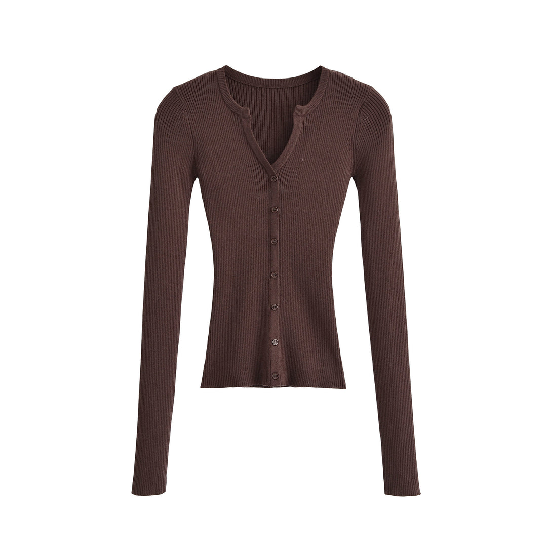 Women's Ribbed Fine Knit Cardigan with Deep V-Neck and Button Placket Mune Fashion