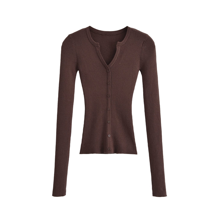 Women's Ribbed Fine Knit Cardigan with Deep V-Neck and Button Placket Mune Fashion