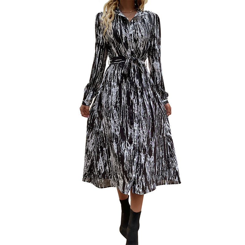 Women's shirt blouse midi dress with tie belt, continuous button placket and abstract brush print Mune Fashion