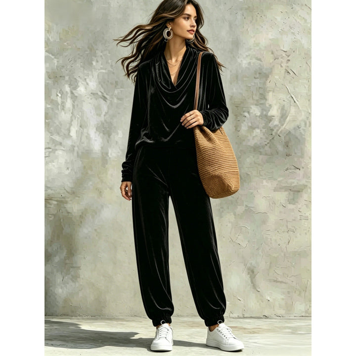 Women's Velvet Lounge Set with Waterfall Collar and Jogger Pants Mune Fashion