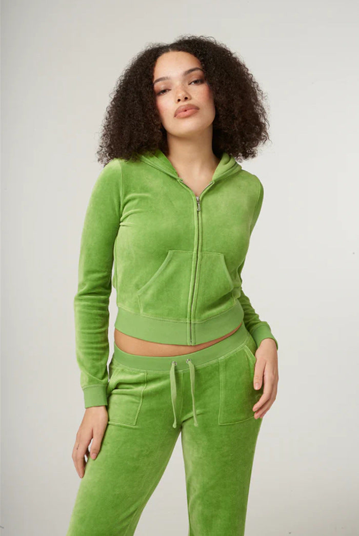 Women's Velvet Cropped Zip Jacket with Kangaroo Pocket and High-Cut Cuffed Pants Mune Fashion