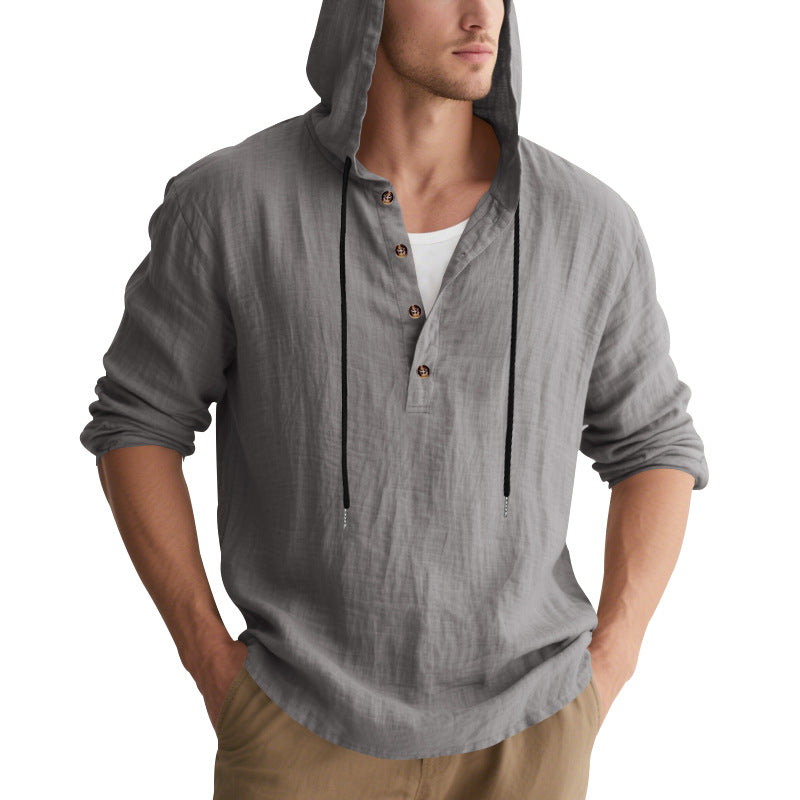 Men's casual linen henley with hood, drawstring and three-button placket Mune Fashion