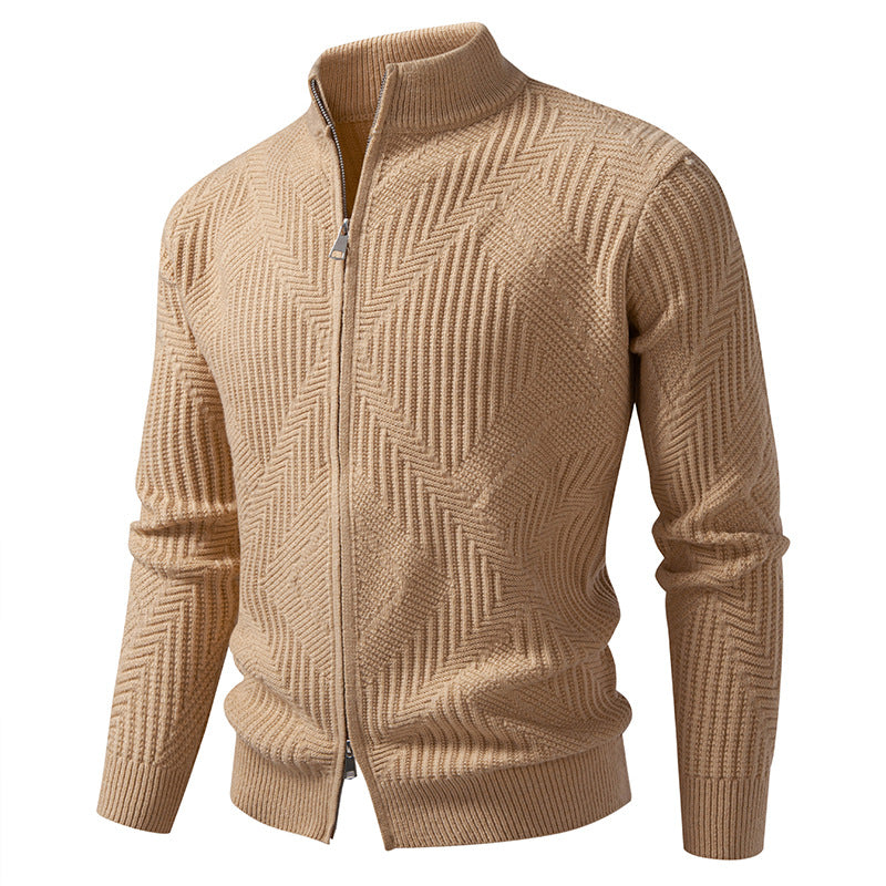 Men's zip cardigan with geometric herringbone knit and stand-up collar Mune Fashion