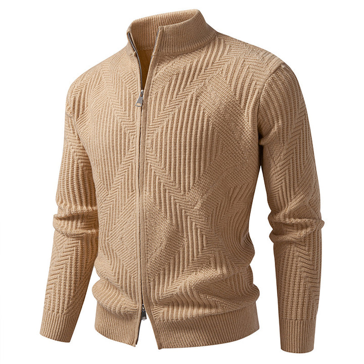 Men's zip cardigan with geometric herringbone knit and stand-up collar Mune Fashion