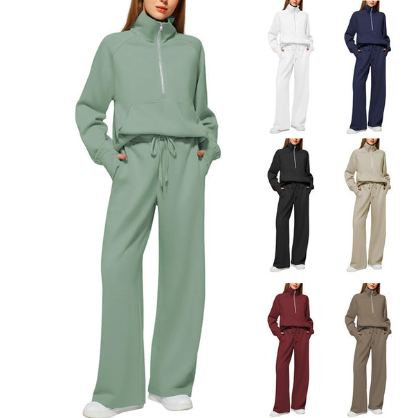 Women's Two-Piece Lounge Set with Half Zip, Stand Collar and Wide Palazzo Pants Mune Fashion