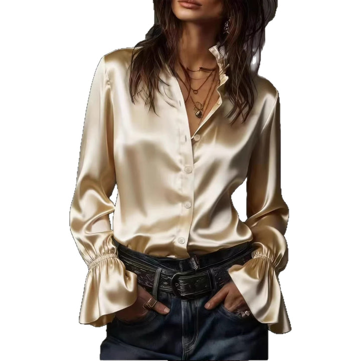 Women's Satin Blouse with Stand Collar, Button Placket, and Ruffled Sleeves