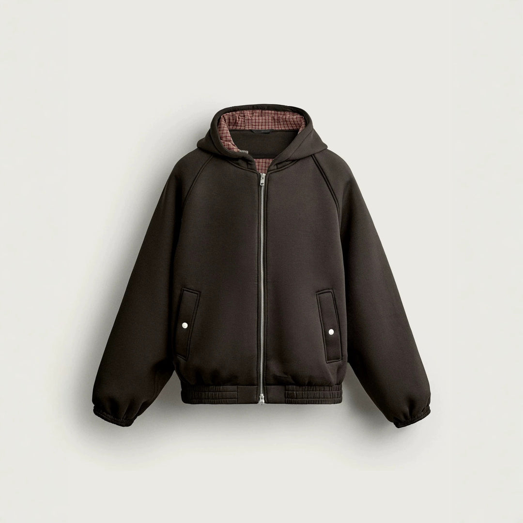 Men's Boxy Hoodie Jacket with Padded Texture and Checkered Lined Hood Mune Fashion