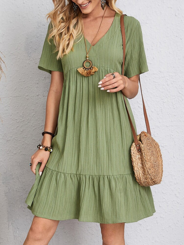Ladies Nan Crepe Short Dress with V-Neck, Gathered Empire Seam and Ruffled Hem Mune Fashion
