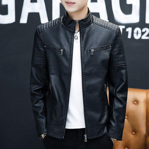 Men's Faux Leather Moto Jacket in Racer Look with Quilted Shoulder Yoke, Stand Collar and Zipper Details Mune Fashion