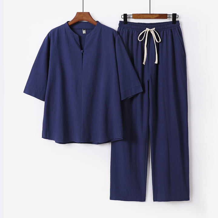 Unisex Lockeres Lounge Set with Stand Collar Half Sleeve Shirt and Elastic Waist Pants Mune Fashion