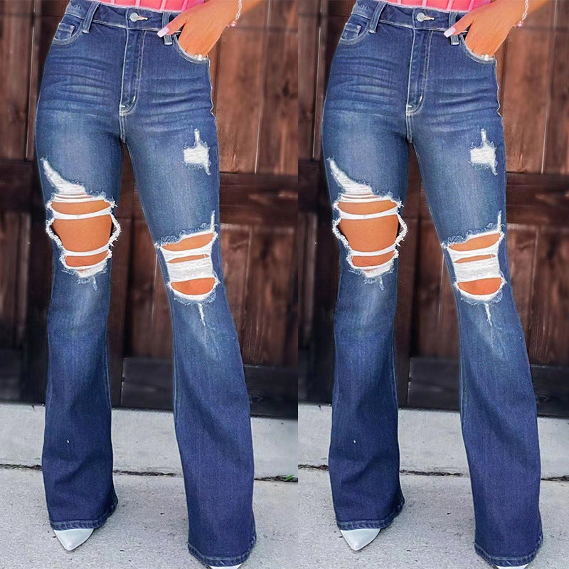 Women's nan high waist jeans with flared leg and heavy distressing at the knees Mune Fashion