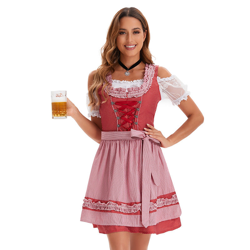Women's short traditional dirndl dress with corset lacing lace details and tieable apron Mune Fashion