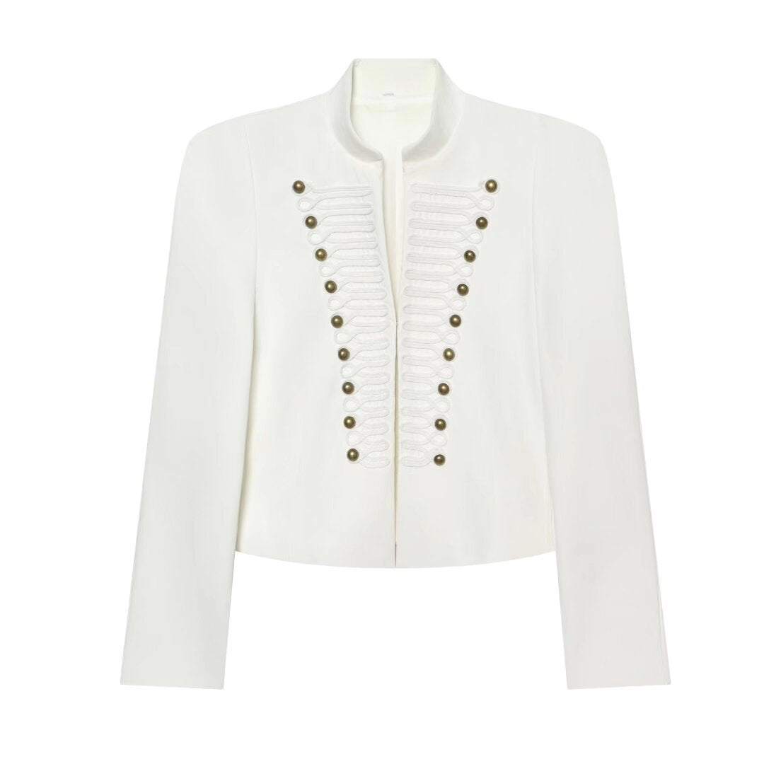 Women's short blazer in hussar style with stand-up collar and decorative galloon details Mune Fashion