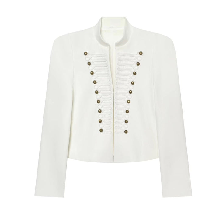 Women's short blazer in hussar style with stand-up collar and decorative galloon details Mune Fashion