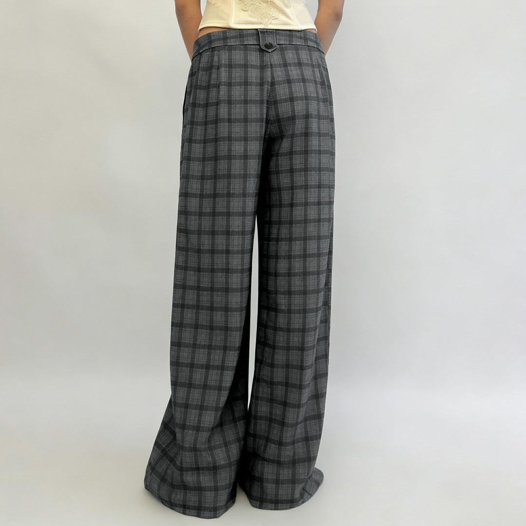 Women's Wide Checked High-Waist Culotte Pants with Pleats Mune Fashion