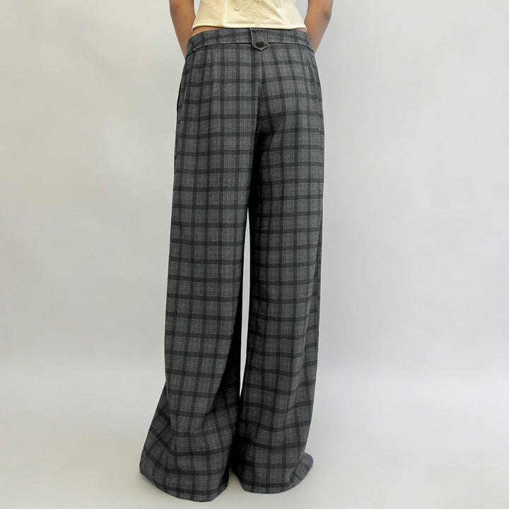 Women's Wide Checked High-Waist Culotte Pants with Pleats Mune Fashion