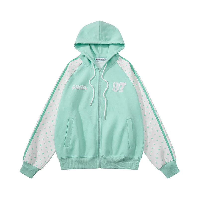 Women's hooded sweatshirt jacket with full zipper, raglan sleeves, and polka dot inserts Mune Fashion
