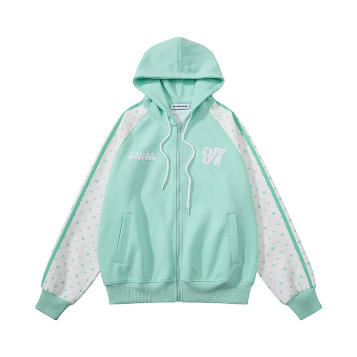 Women's hooded sweatshirt jacket with full zipper, raglan sleeves, and polka dot inserts Mune Fashion