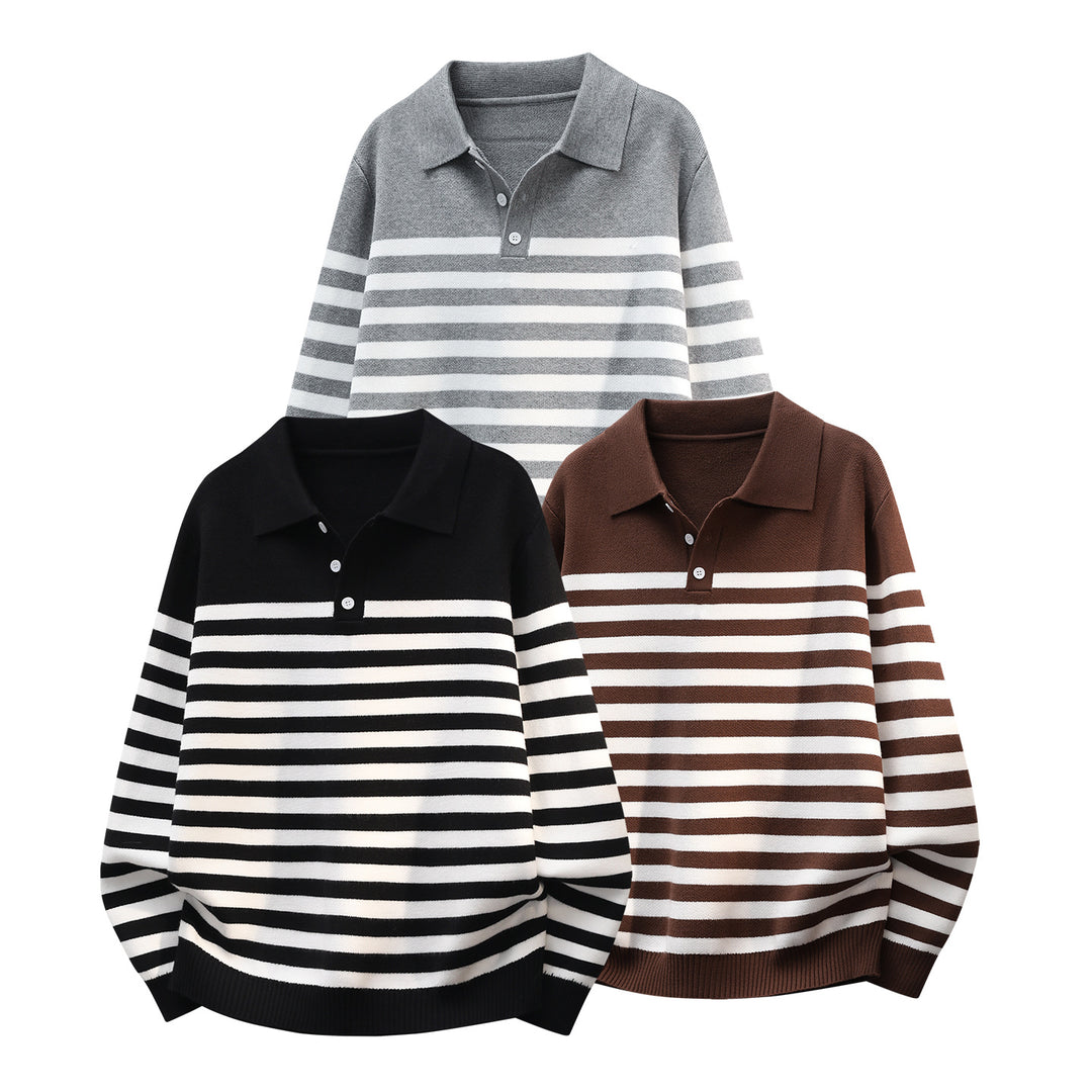 Men Striped Oversize Polo Knit Sweater with Half Button Placket and Ribbed Finishes Mune Fashion