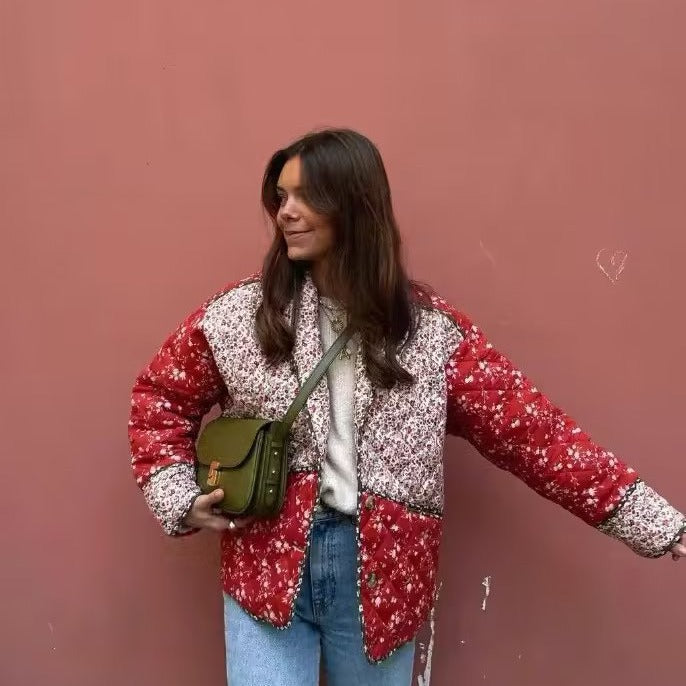 Women's quilted patchprint transitional jacket with shawl collar, decorative piping, and patch pockets Mune Fashion