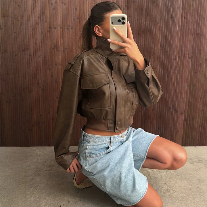 Women's Short Utility Bomber Jacket made of Vegan Leather with High Stand-Up Collar Mune Fashion