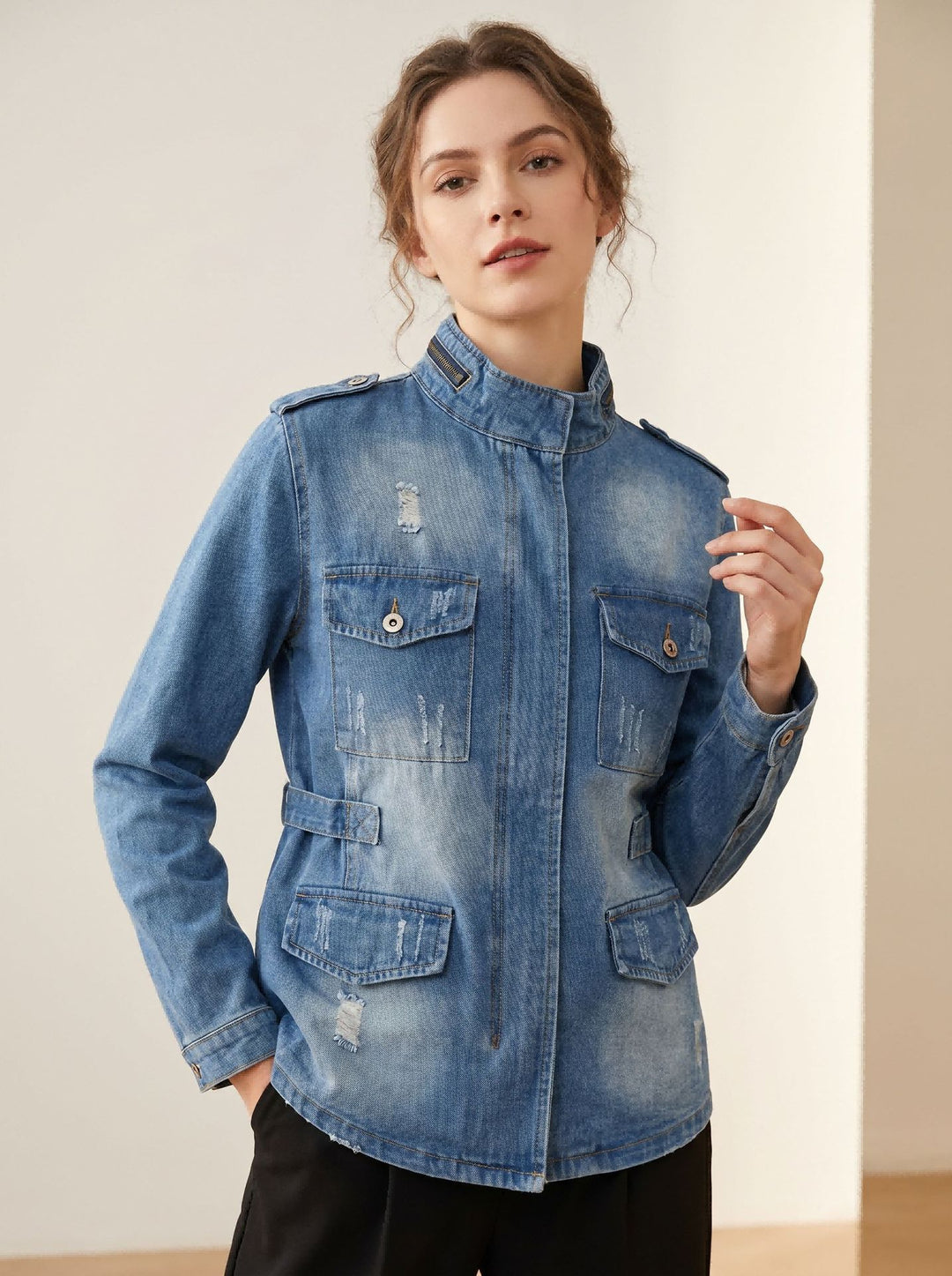 Women's tailored military denim jacket with stand-up collar, flap pockets and subtle used details Mune Fashion