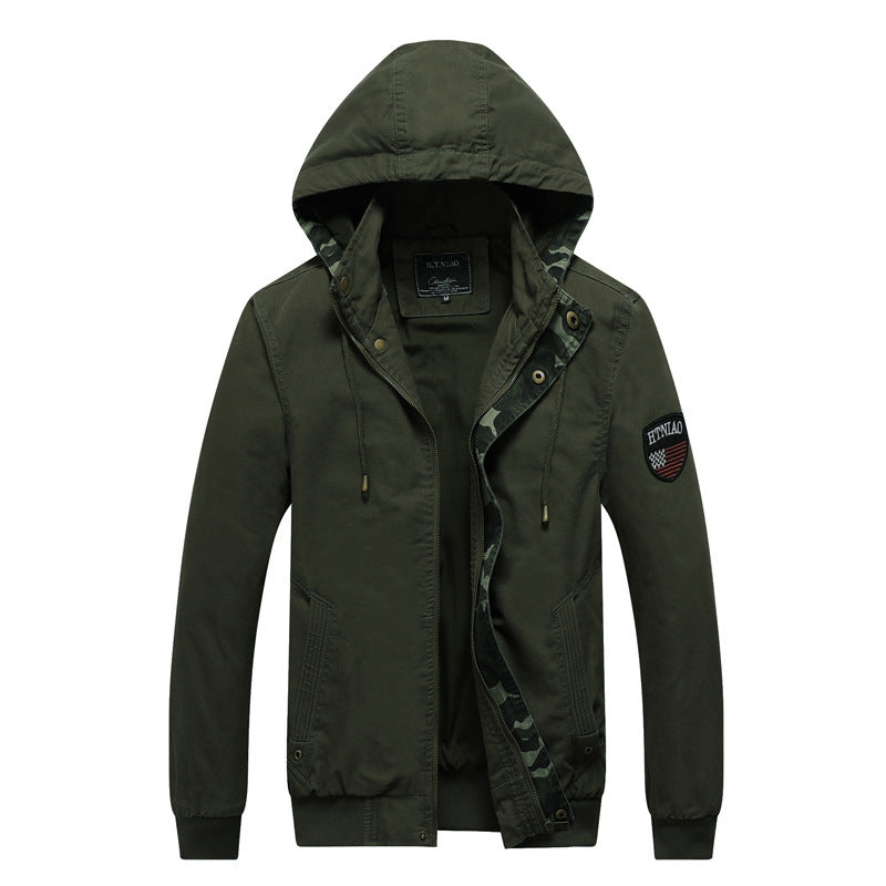 Men's Hooded Canvas Jacket in Military Utility Style with Camouflage Cuff and Ribbed Hem Mune Fashion