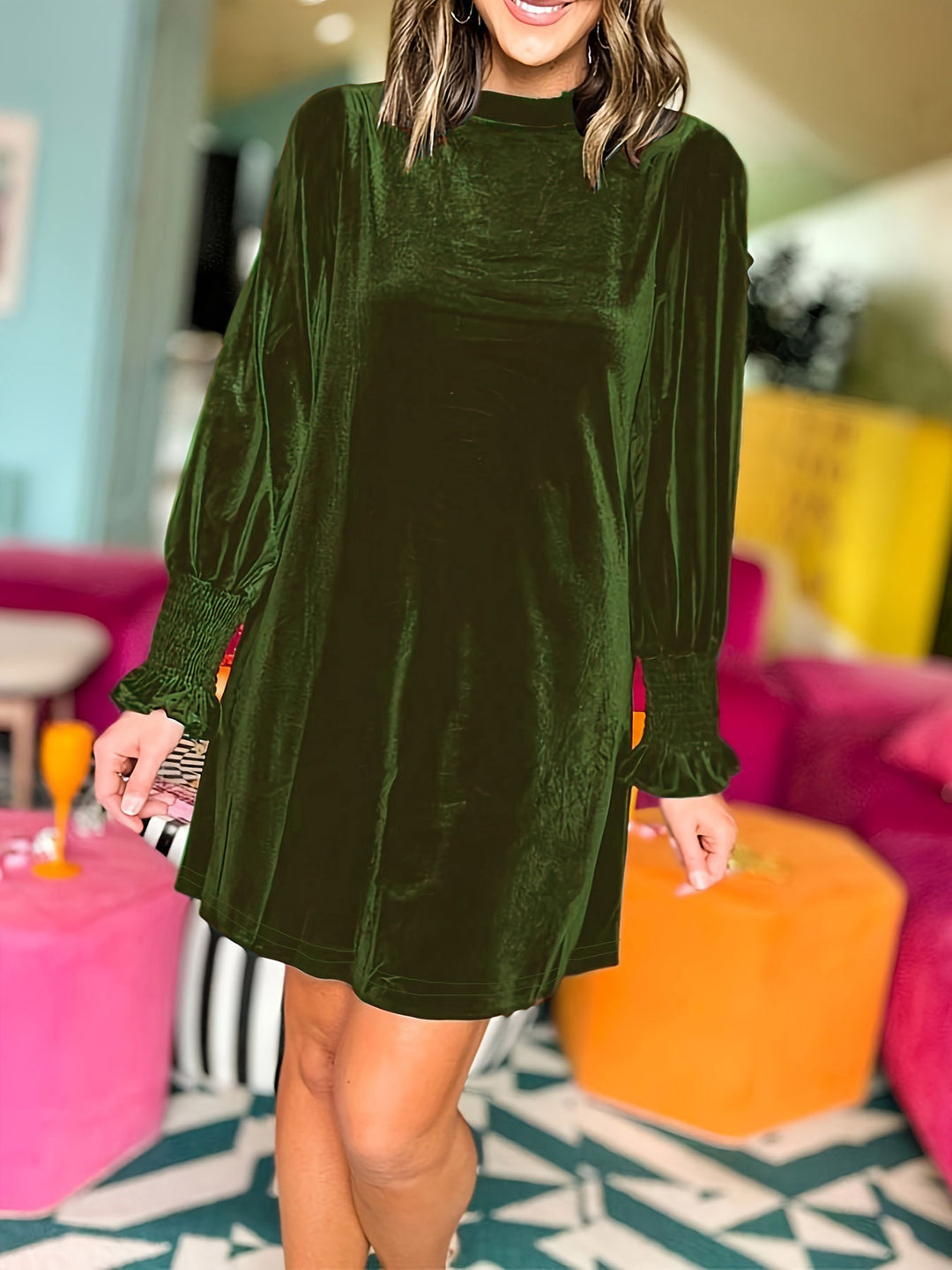 Women's Velvet Mini Dress with Stand Collar and Ruffled Balloon Sleeves Mune Fashion