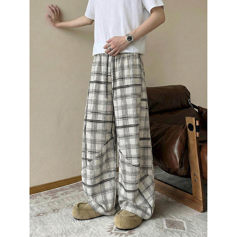 Men's wide checkered lounge pants with elastic waistband and drawstring