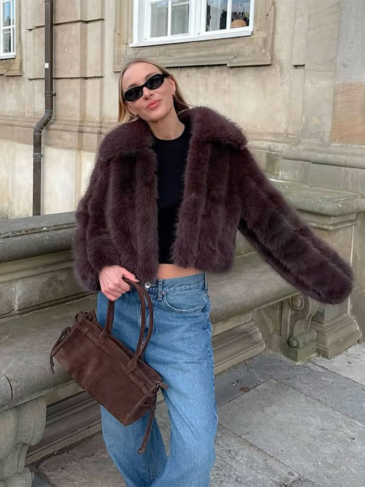 Women's Short Cropped Faux Fur Jacket with Voluminous Shawl Collar and Boxy Silhouette Mune Fashion