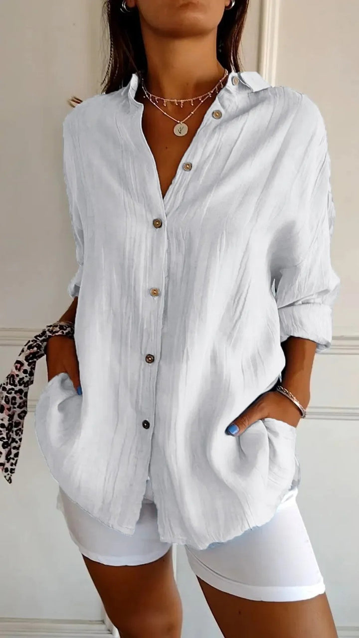 Women's Loose Crinkle Shirt with Pockets and Rolled-Up Sleeves Mune Fashion