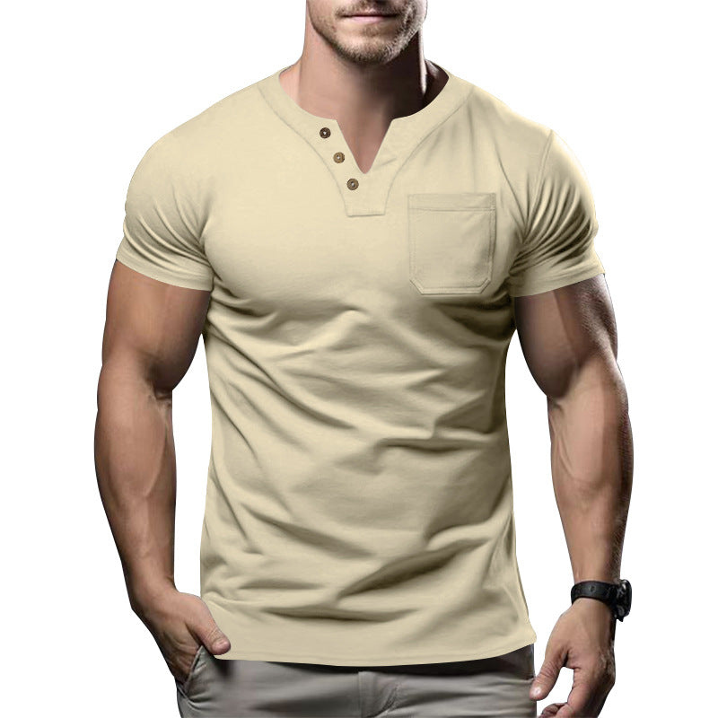 Men's body-hugging cotton stretch short-sleeve shirt with split V-neck, decorative button placket, and chest pocket Mune Fashion