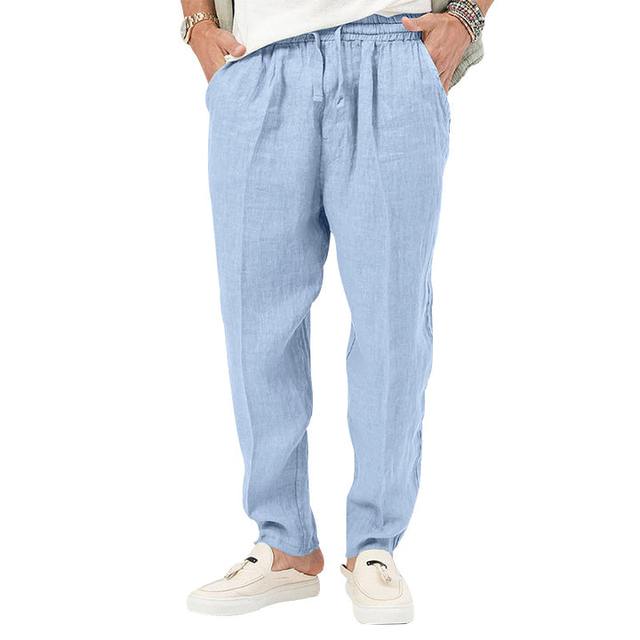 Men's linen jog pants with elastic tunnel drawstring waistband and tapered leg Mune Fashion