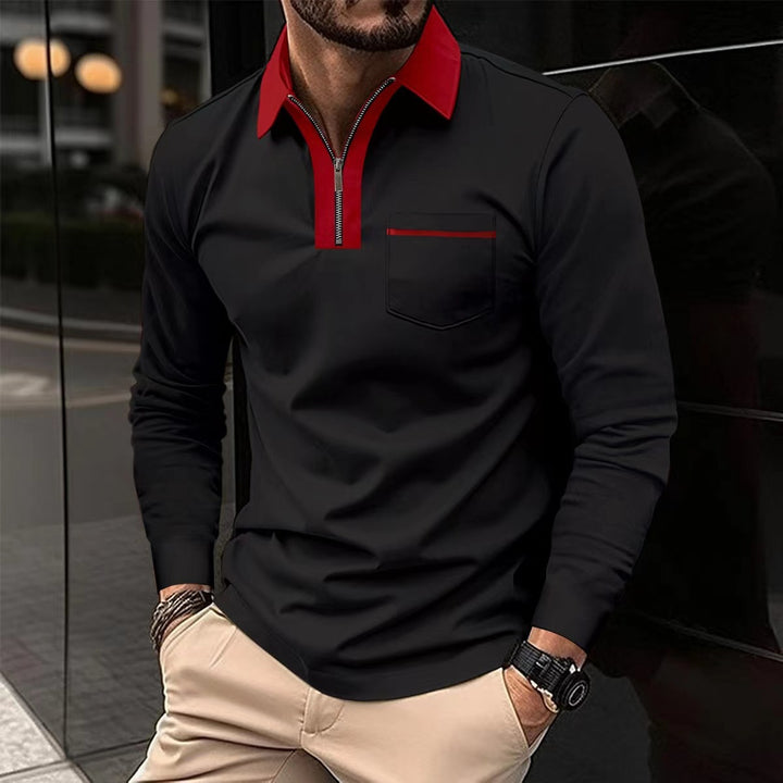 Men's Long Sleeve Polo Shirt with Half Zip, Contrast Collar & Chest Pocket Mune Fashion