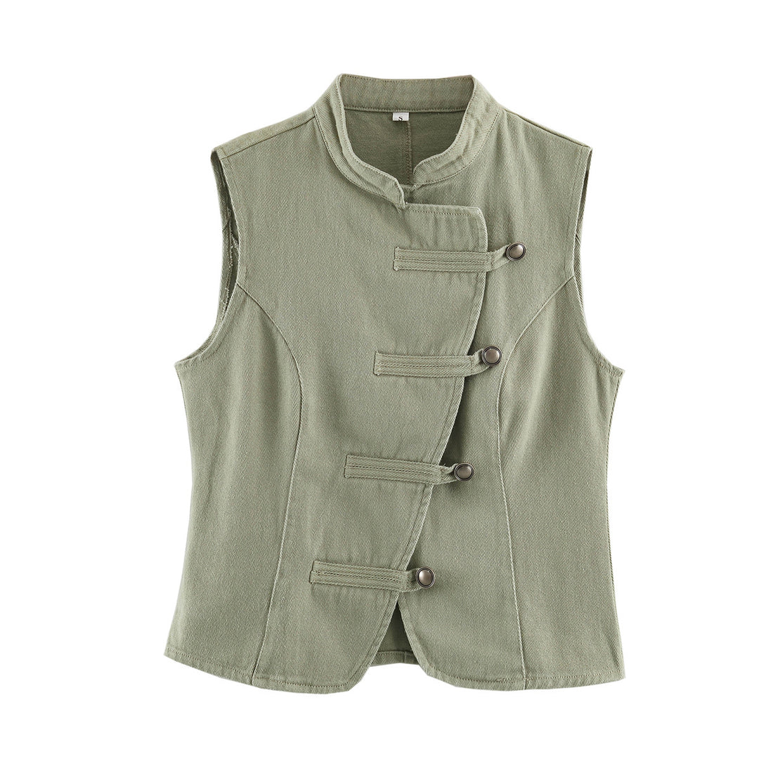 Women Tailored Vest with Mandarin Collar and Asymmetrical Loop Hook Closure Mune Fashion
