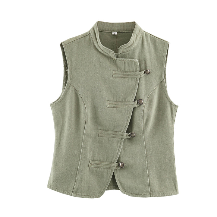 Women Tailored Vest with Mandarin Collar and Asymmetrical Loop Hook Closure Mune Fashion