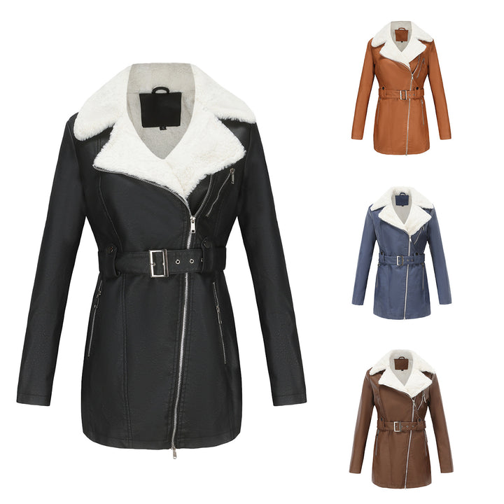 Ladies tailored coat in lambskin look with asymmetrical zipper and wide waist belt Mune Fashion
