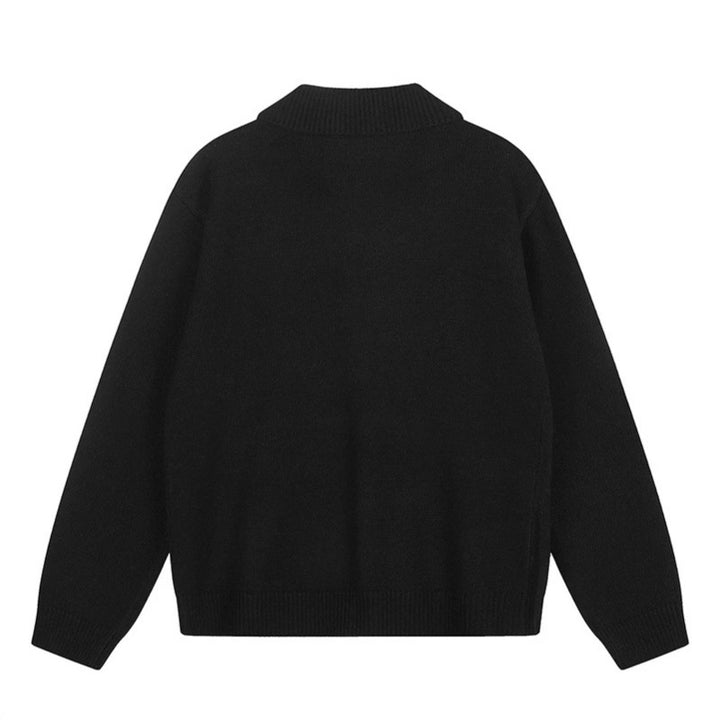 Women's knitted cardigan with shirt collar, button placket, and statement patch Mune Fashion