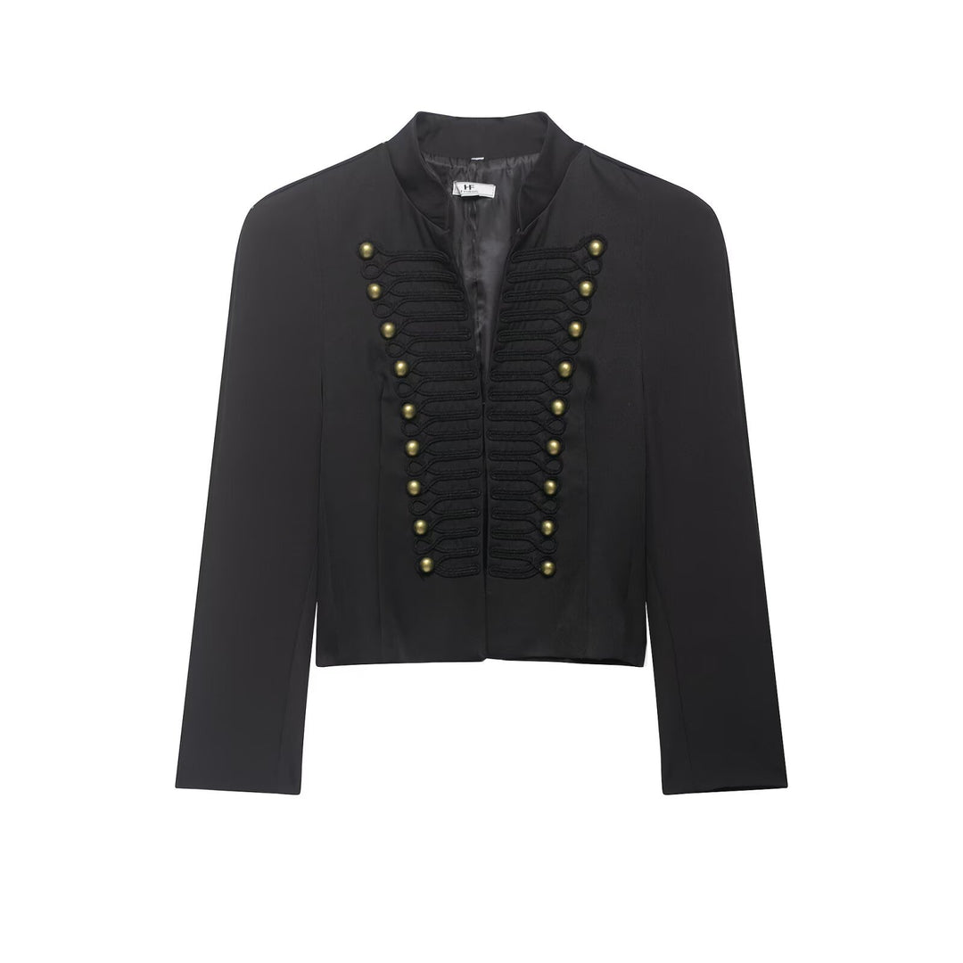 Women's short blazer in hussar style with decorative cord applications and brass buttons Mune Fashion