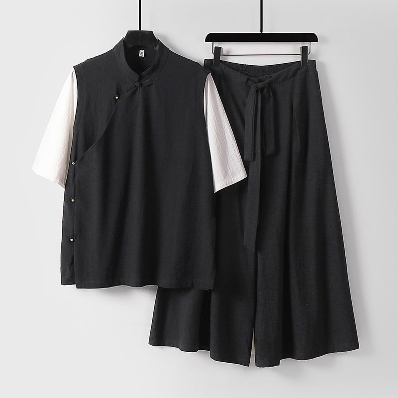 Women's Two-Piece Kimono Loungewear Set made of Linen Blend with Stand Collar Asymmetrical Button Placket and Wide Palazzo Skirt Mune Fashion