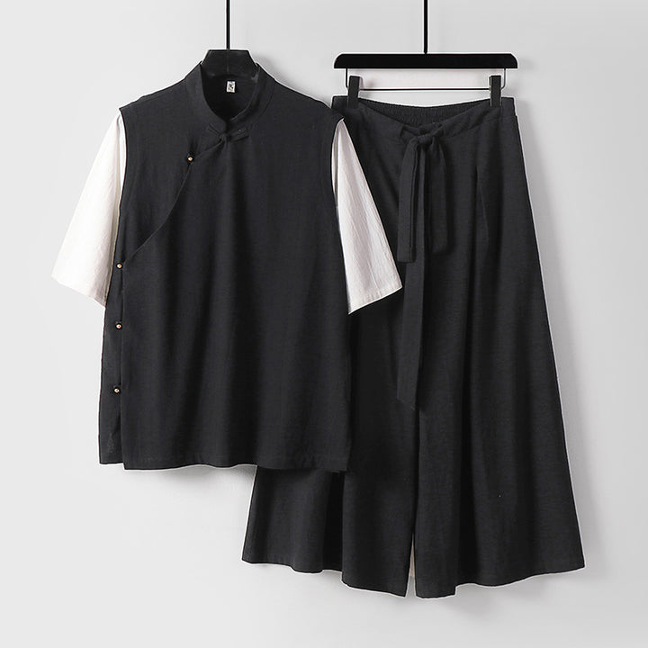 Women's Two-Piece Kimono Loungewear Set made of Linen Blend with Stand Collar Asymmetrical Button Placket and Wide Palazzo Skirt Mune Fashion