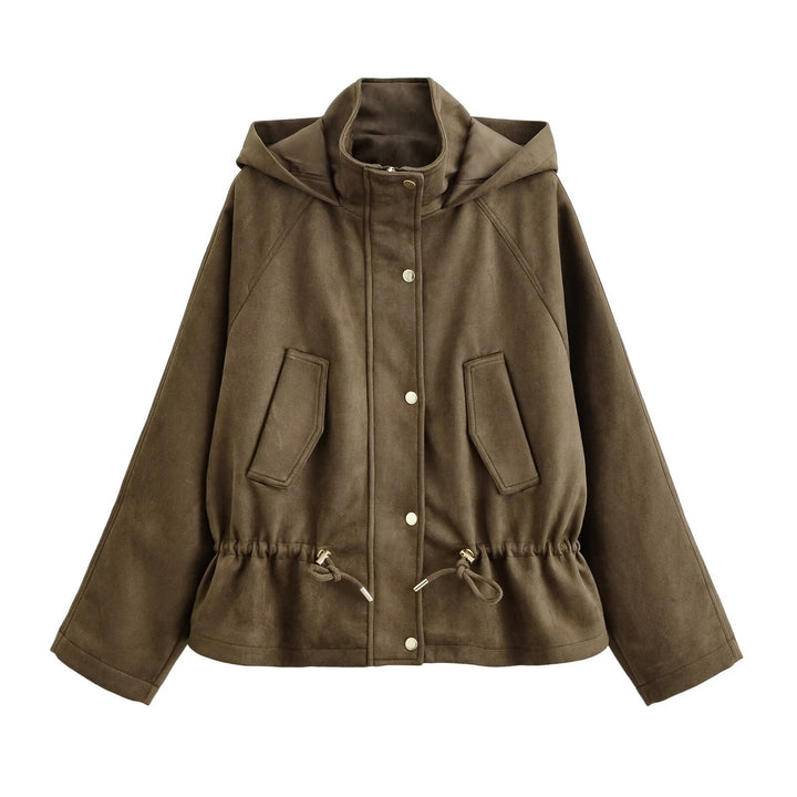 Women Short Hoodie Jacket in Parka Look with Drawstring Waist and Flap Pockets Mune Fashion
