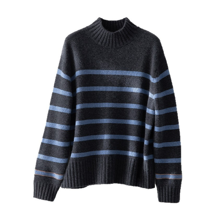 Women Striped Fine Knit Sweater with Half-High Ribbed Collar and Ribbed Hem Mune Fashion