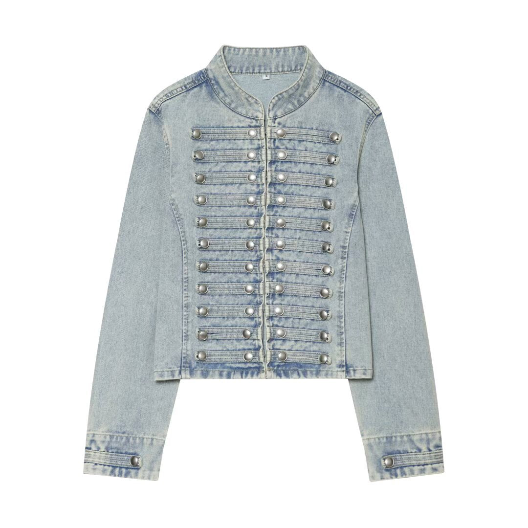 Women's Cropped Denim Blouson in Tailcoat Style with Decorative Row Buttons Mune Fashion