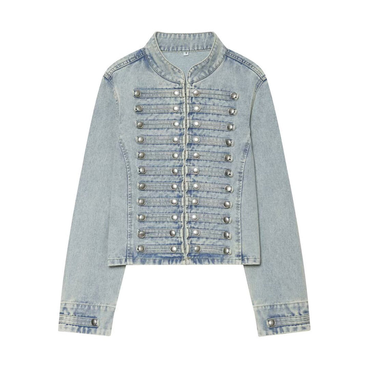 Women's Cropped Denim Blouson in Tailcoat Style with Decorative Row Buttons Mune Fashion
