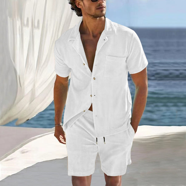 Men's casual linen summer ensemble with open collar shirt and short drawstring pants Mune Fashion