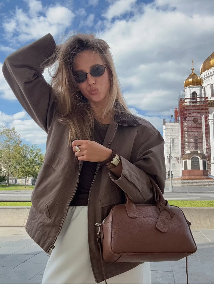Women Structured Leather Handbag with Top Handle and Removable Shoulder Strap Mune Fashion